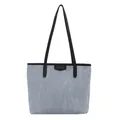 Chic light grey tote bag with black contrast handles and gold Fashion emblem on white background - Blue