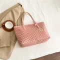 Pink tote bag with dark M monogram pattern and gold metal letter charm detail - Pink