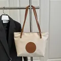 Chic off-white canvas tote bag with brown leather straps and fashion bags patch - Large / White Large Without Pendant