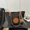 Black tote bag with brown leather patch, long shoulder straps and bear charm accessory - Large / Black Large With Charm