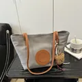 Light gray canvas tote bag with brown leather straps and cute bear charm pendant - Large / Light Gray Large With Charm