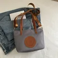 Minimalist grey tote bag with brown straps and FASHION BAGS leather patch detail - Small / Dark Gray Small No Charm