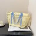 Cute high capacity yellow tote bag with blue star patches and adjustable shoulder strap - Yellow