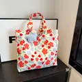 Floral canvas tote bag in off-white with purple flower prints and blue star charm - With Pendant / Red