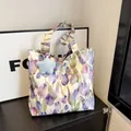 Floral canvas tote bag with purple tulips and a blue star plush keychain accessory - With Pendant / Purple