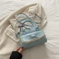 Minimalist light blue PU leather square bag with decorative lace and bow knot ribbon - Blue