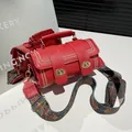 Vintage red cylinder handbag with gold rivets and ethnic print wide shoulder strap - Red
