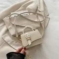 Chic cream white PU crossbody bag with woven texture flap and faux pearl handle - White