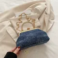 Blue denim shell bag with white polka dots, gold handle and chain shoulder strap - Dark Blue Denim Texture / Dark Blue