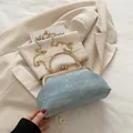 Light blue denim vintage shell bag with floral metal handle and gold chain strap - Light Blue Rhinestone Embellishment (88256) / Light Blue