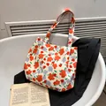 Floral canvas tote bag with red roses pattern and long shoulder straps for casual use - Style 3