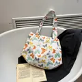 Large floral canvas shoulder bag with colorful butterfly print and thick carry handles - Colorful Butterfly Print Style