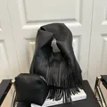 Black bohemian fringe tote set with matching zipper pouch and pebble leather texture - Black