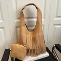 Camel faux leather oversized fringe shoulder bag with matching zipper pouch - Khaki