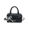 Retro black snakeskin textured Boston bag with pearl bow pendant and dual handles - No Pendant / Black