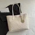 Beige tote bag with M-letter monogram print, long handles and golden logo charm - White