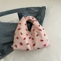 Sac tote en velours côtelé rose avec motif fraise et poignée nouée élégante - Fraise Rose