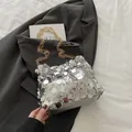 Chic silver sequin underarm bag with gold chain strap for party or evening events - Silver