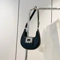 Elegant black leather crescent bag with a sparkling rectangular crystal buckle - Black