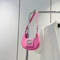 Sparkling bright pink crescent shoulder bag with elegant square crystal buckle - Pink