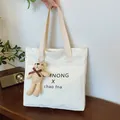 Retro white canvas tote bag with letter print and cute brown bear plush charm - Cream White with Pendant