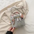 Gray marble bucket bag with silk scarf handle and golden fashion text detail - No Pendant / Silver