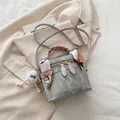 Grey marble pattern crossbody bucket bag with fashion print and plush charm - With Pendant / Silver