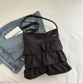 Sac cabas noir à volants à plusieurs niveaux avec bandoulière réglable tendance - Noir
