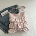 Sac fourre-tout en toile rose clair à volants avec bandoulière et design plissé à trois niveaux - Rose