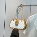 White V-quilted small square bag with light coffee trim and gold chain strap - Khaki