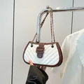 Elegant white and brown V-quilted chain shoulder bag with vintage gold metal accents - Brown