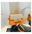 Fashionable orange leather small square bag with beige woven patchwork and gold metal lock - Orange