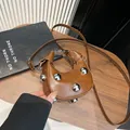 Brown leather mini crescent crossbody bag with large decorative silver metal studs - Brown