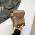 Borsa porta cellulare in pelle marrone e tela con tracolla larga logata - Marrone