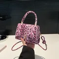 Pink leopard print square bag with golden lock and round top handle for women - Pink