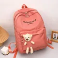 Minimalist coral pink campus backpack with cute plush bear charm and CLOUDLOVE text - Pink