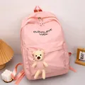 Pink minimalist school backpack for girls with cute 3D plush bear and text print - Pink