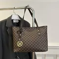 Deep coffee monogram tote bag with gold M-letter charm and dual shoulder straps - Brown