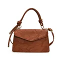 Brown minimalist shoulder bag with vintage koi relief and knot handle on white background - Brown