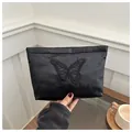 Trousse à maquillage noire en jacquard avec broderie papillon et grande capacité de rangement - Noir