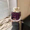 Purple leopard print bucket bag with pearl handle and golden chain strap - Purple