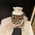 Mini leopard print bucket bag with pearl handle and golden chain shoulder strap - Khaki
