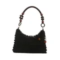 Elegante schwarze Seersucker-Tasche mit Vintage-Holzperlen und gewebten Seilgriffen - Schwarz