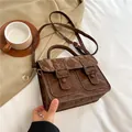 Retro dark brown textured Cambridge crossbody bag with adjustable strap and vintage flap - Brown