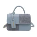Minimalist light blue patchwork tote bag with leather and fabric texture for women - Blue Color Block