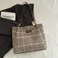 Retro brown and yellow plaid tweed tote bag with leather straps and gold chain detail - Gray