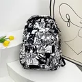 Graffiti printed backpack with astronaut keychain in black and white comic style - Gray
