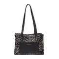 Borsa tote leopardata retrò da donna con tasca in pelle nera e scritte dorate chic - Nero