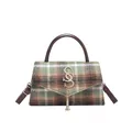 Bolso de lana a cuadros verde y marrón con asas de cuero y detalles en dorado - Verde