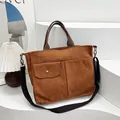 Brown corduroy tote bag for students and office workers with multi-pocket design - Yellow Brown